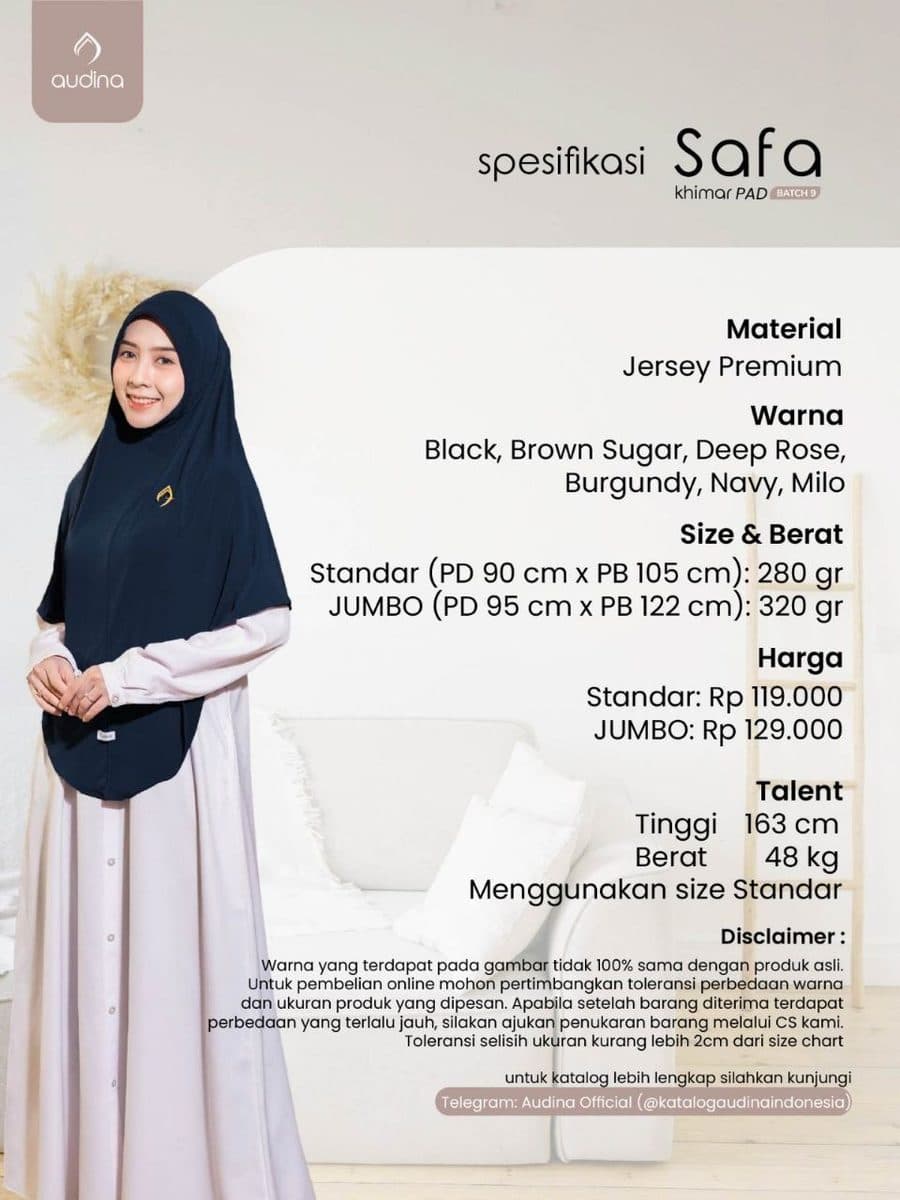 Jilbab Dewasa Safa Khimar Pad By Audina