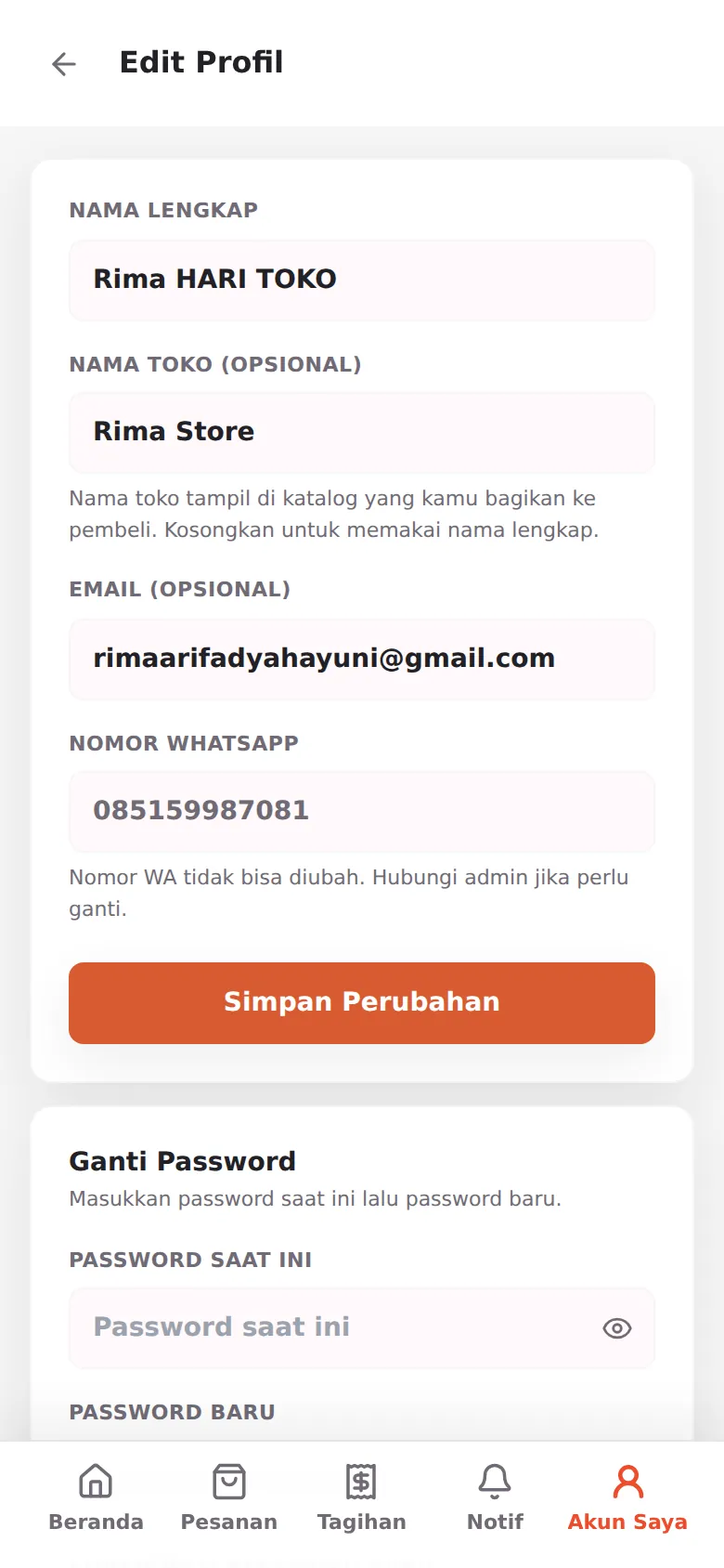 Edit Profil: data diri, nama toko, dan blok ganti password