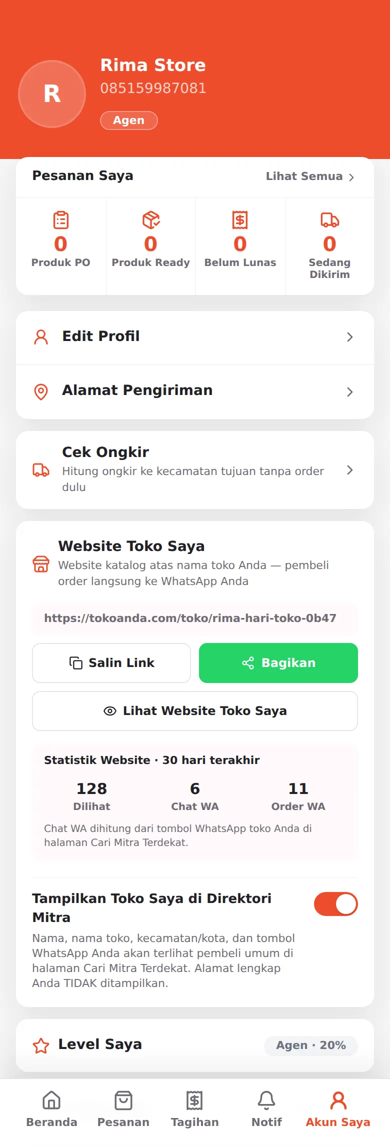 Akun Saya: ringkasan pesanan, Edit Profil, Alamat, Cek Ongkir, Website Toko Saya, Level Saya