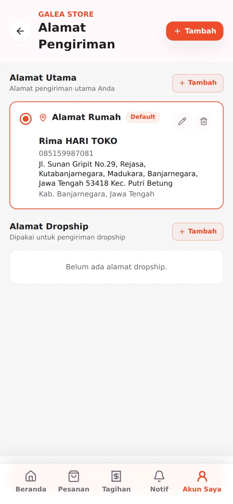 Alamat Pengiriman: kelompok Alamat Utama dan Alamat Dropship