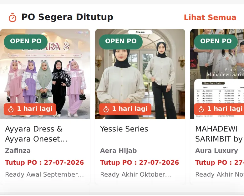 Rail PO Segera Ditutup — chip "X hari lagi" dan tanggal Tutup PO tiap kartu