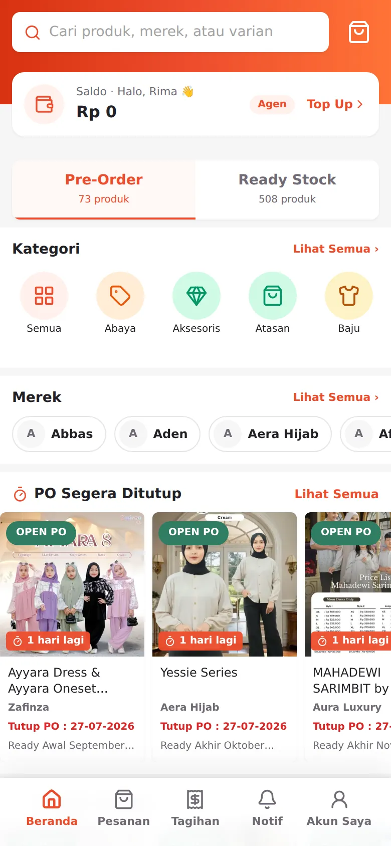 Beranda: kotak pencarian, strip saldo, tab Pre-Order/Ready Stock, kategori, merek, dan menu 5 tombol di bawah