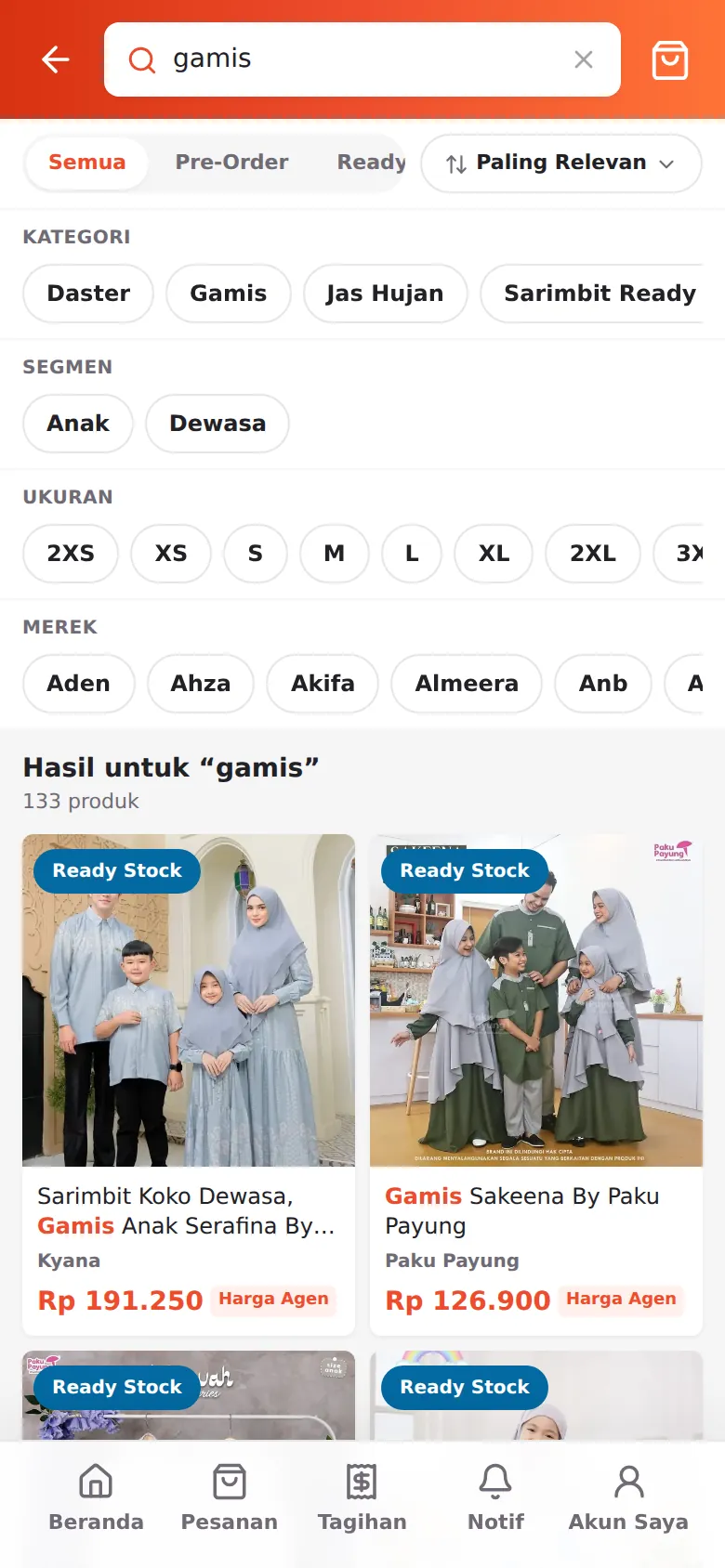 Halaman hasil pencarian: tab tipe, chip penyaring, dan pilihan urutan