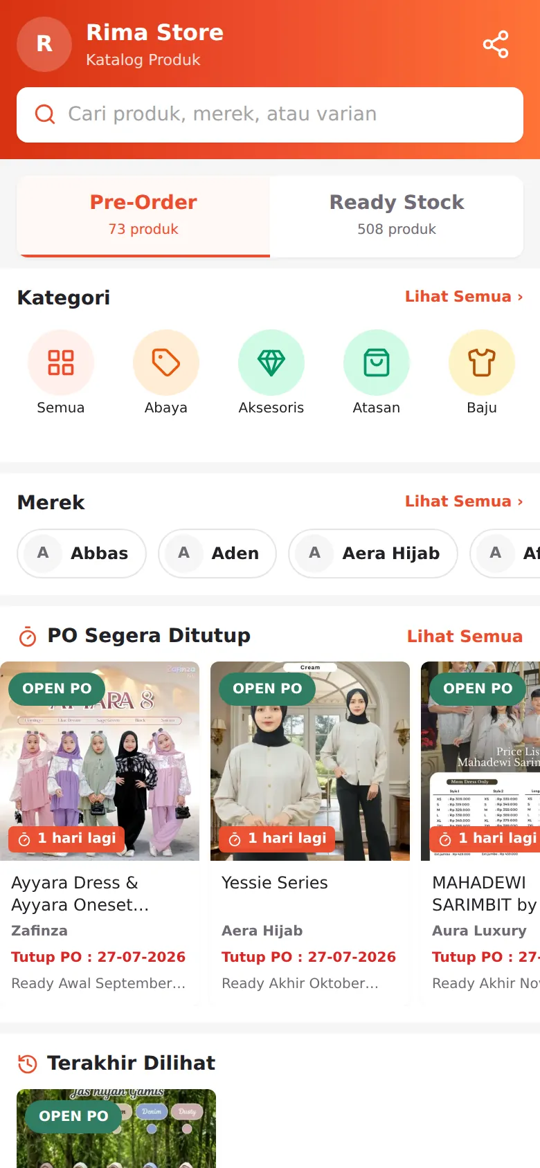 Katalog reseller: header bernama toko Anda, tab Pre-Order/Ready Stock, kategori, merek, dan rail PO