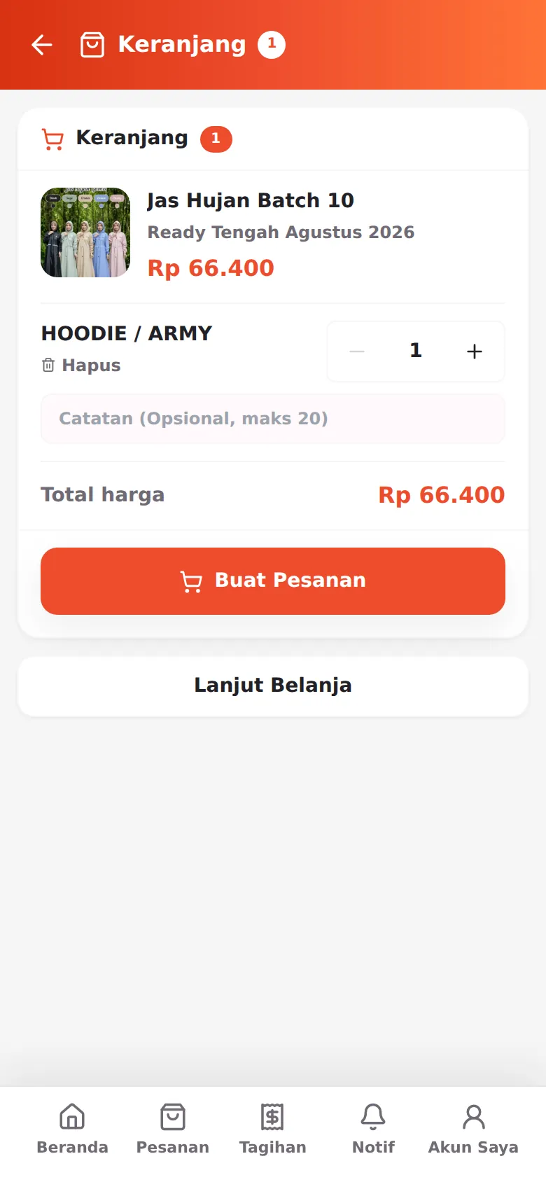 Halaman Keranjang — semua produk yang sedang dikumpulkan sebelum checkout