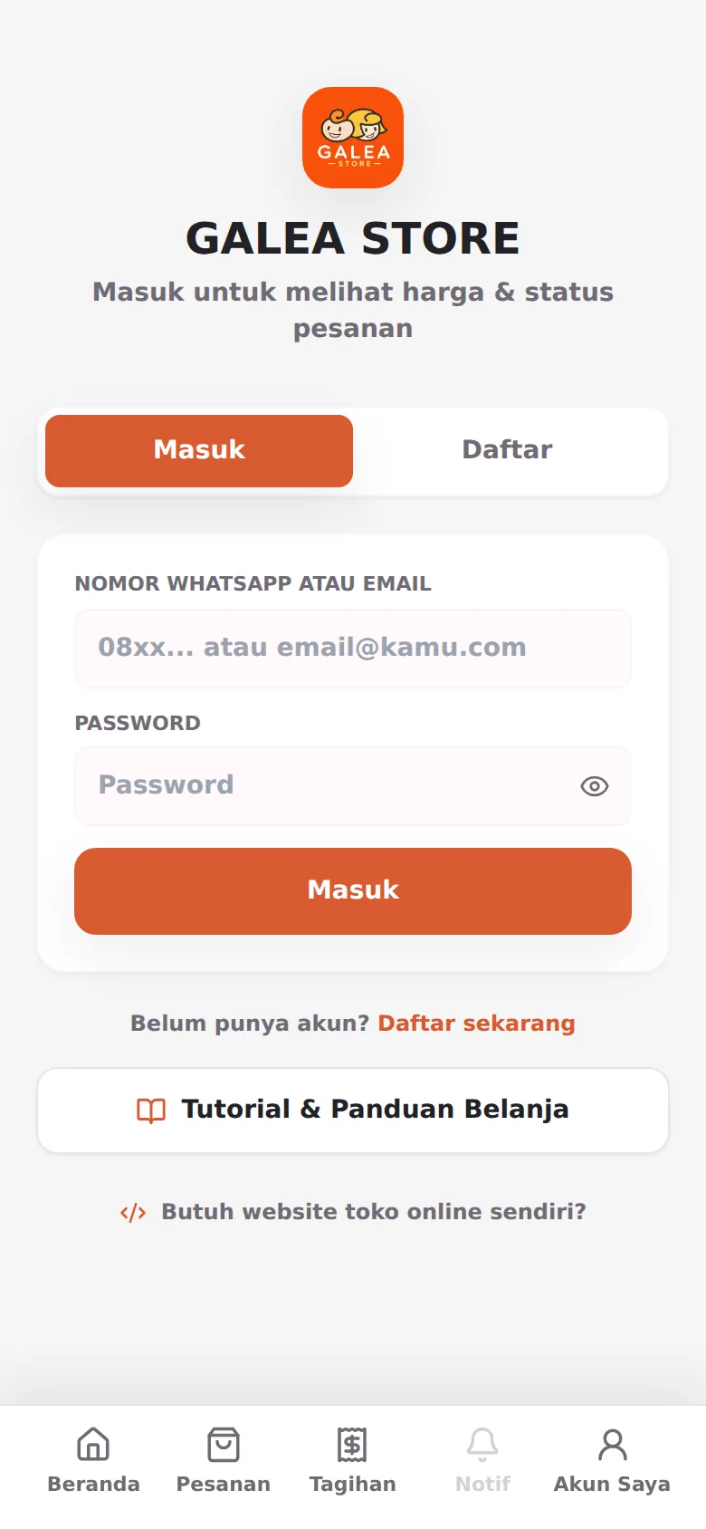 Halaman Masuk — isi nomor WhatsApp & password