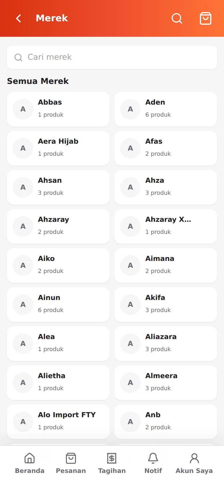 Halaman Merek — daftar merek dengan kotak pencarian