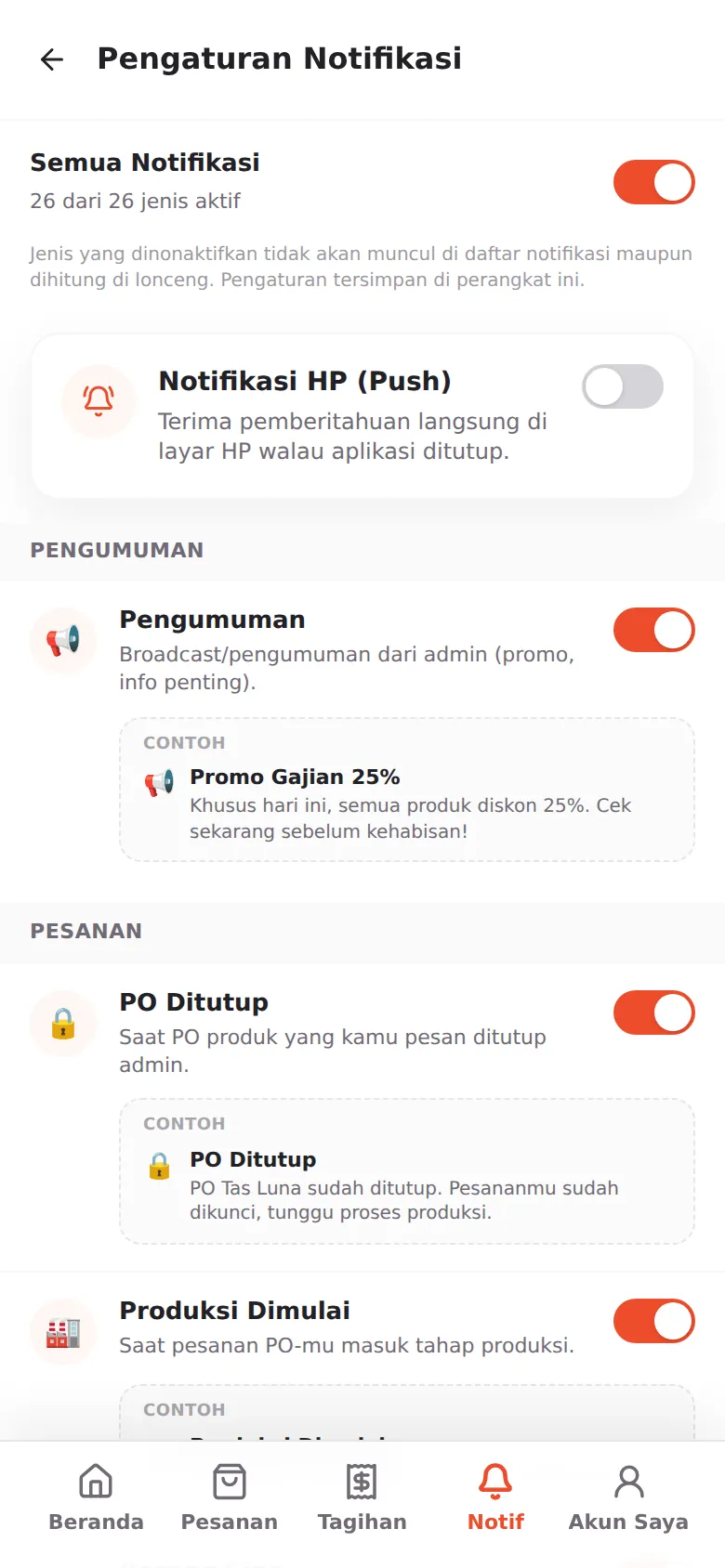 Pengaturan Notifikasi: kartu Notifikasi HP (Push) dan saklar per jenis notifikasi