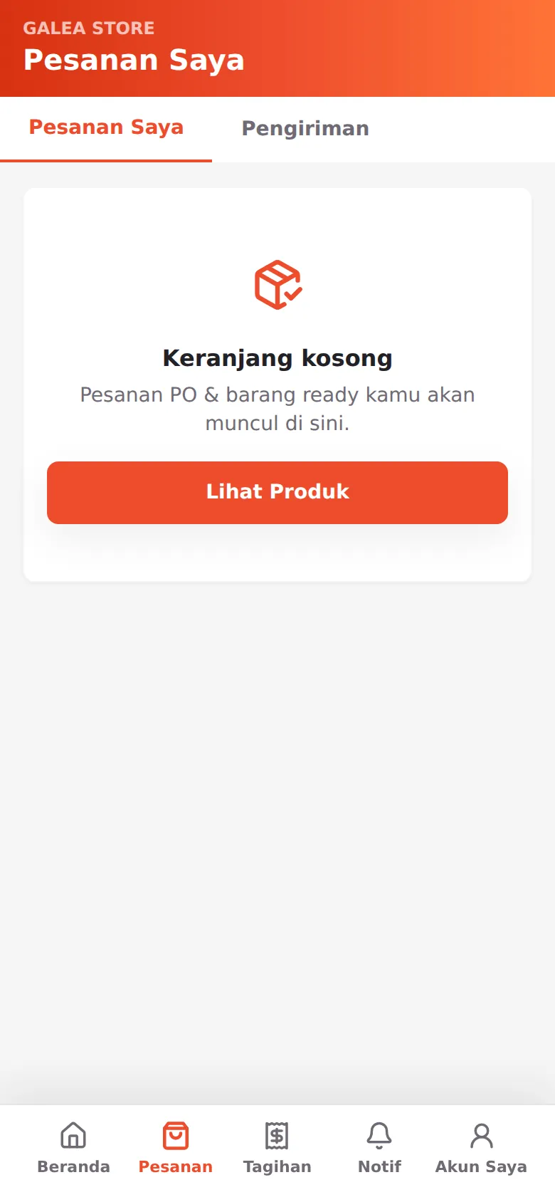 Halaman Pesanan dengan tab Pesanan Saya & Pengiriman — tampilan saat rak masih kosong
