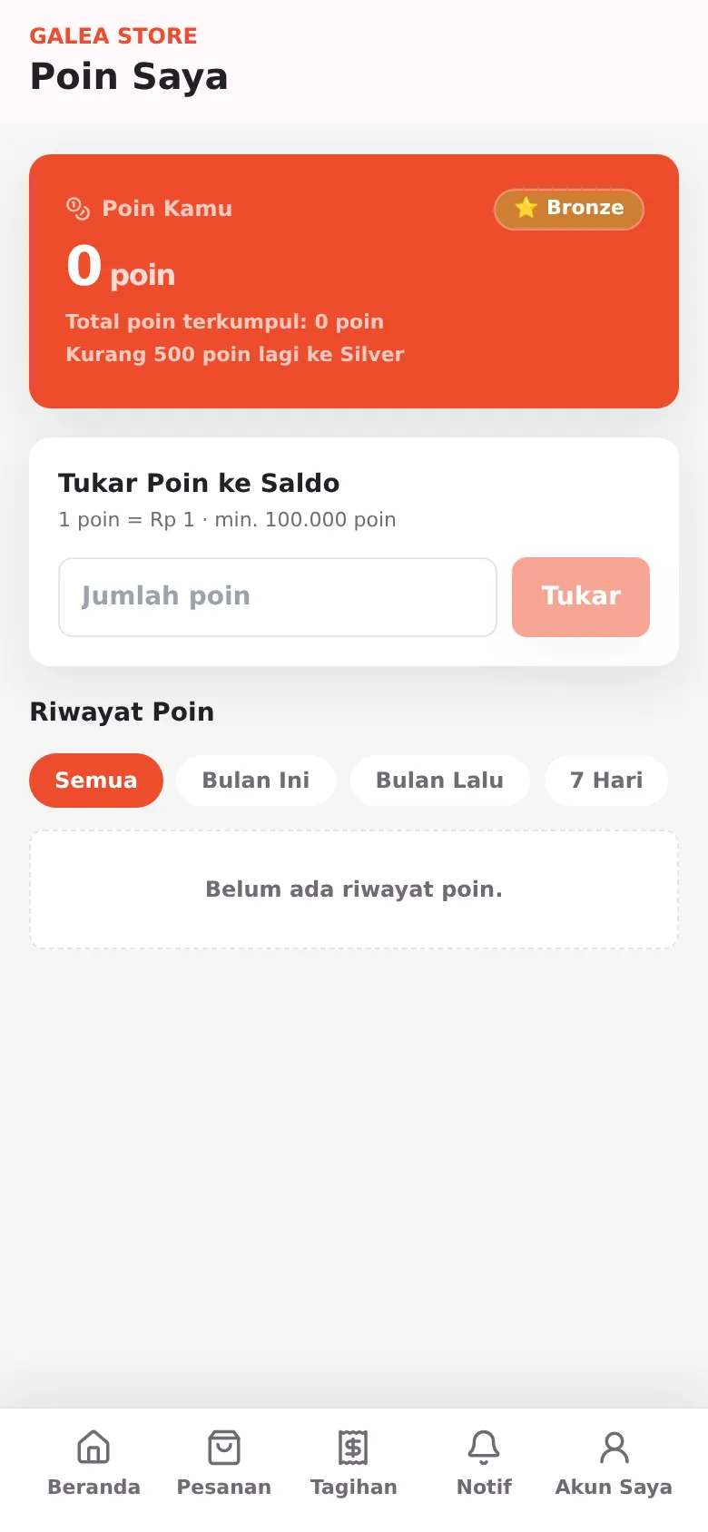 Halaman Poin Saya: saldo poin, badge tier, tukar poin ke saldo, dan riwayat poin