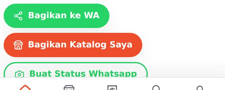 Tombol bagikan di halaman produk: Bagikan ke WA, Bagikan Katalog Saya, Buat Status Whatsapp