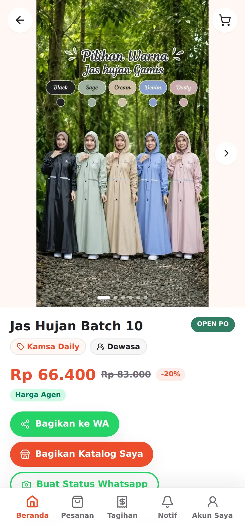 Halaman produk: harga level Anda, harga coret, badge diskon, status PO, dan tombol bagikan