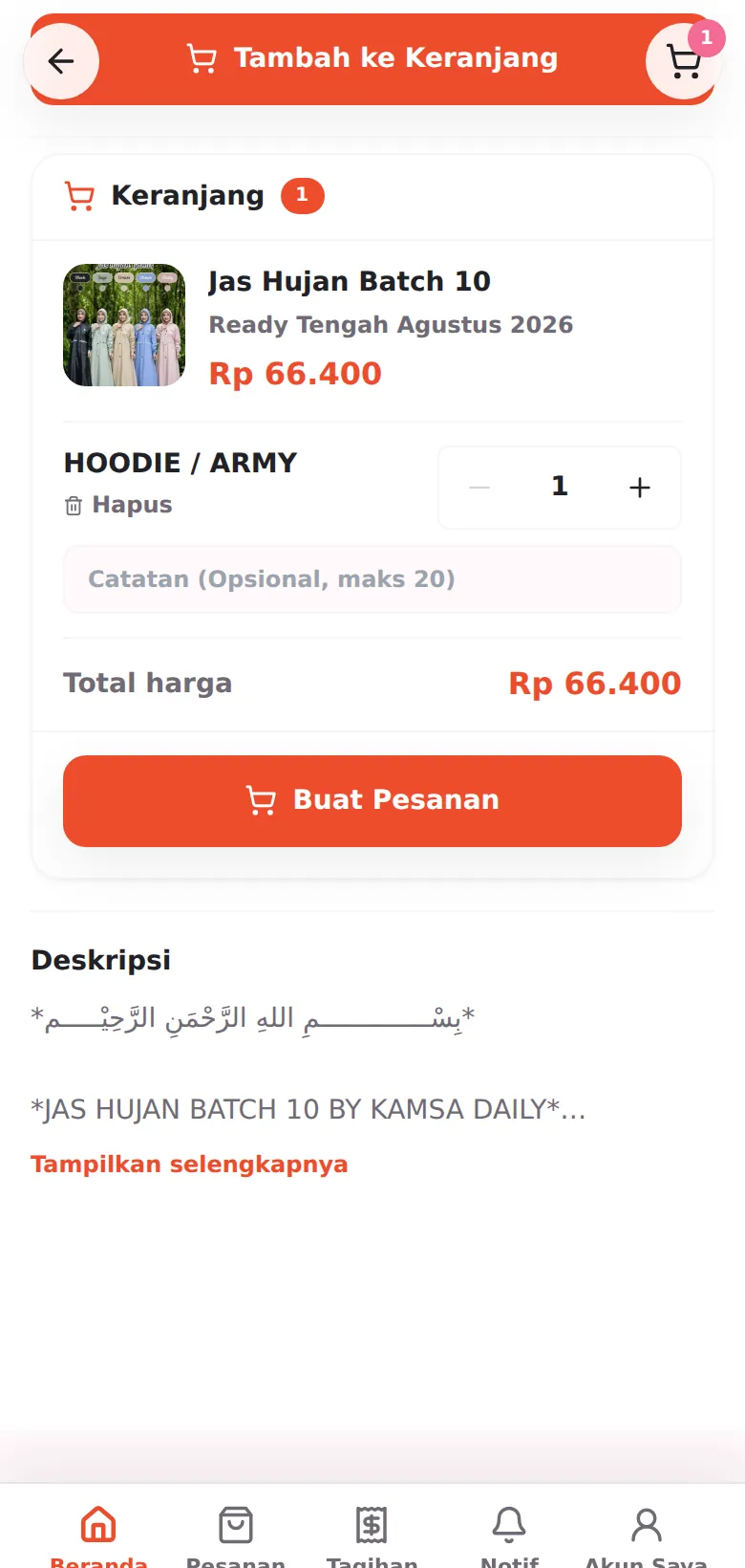 Keranjang di halaman produk: variasi terpilih, jumlah, catatan, total, dan tombol Keep Produk