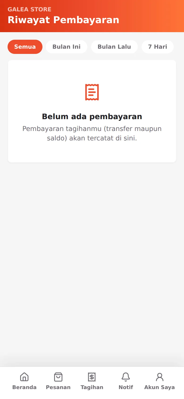 Riwayat Pembayaran: seluruh pembayaran lintas nota dengan filter periode