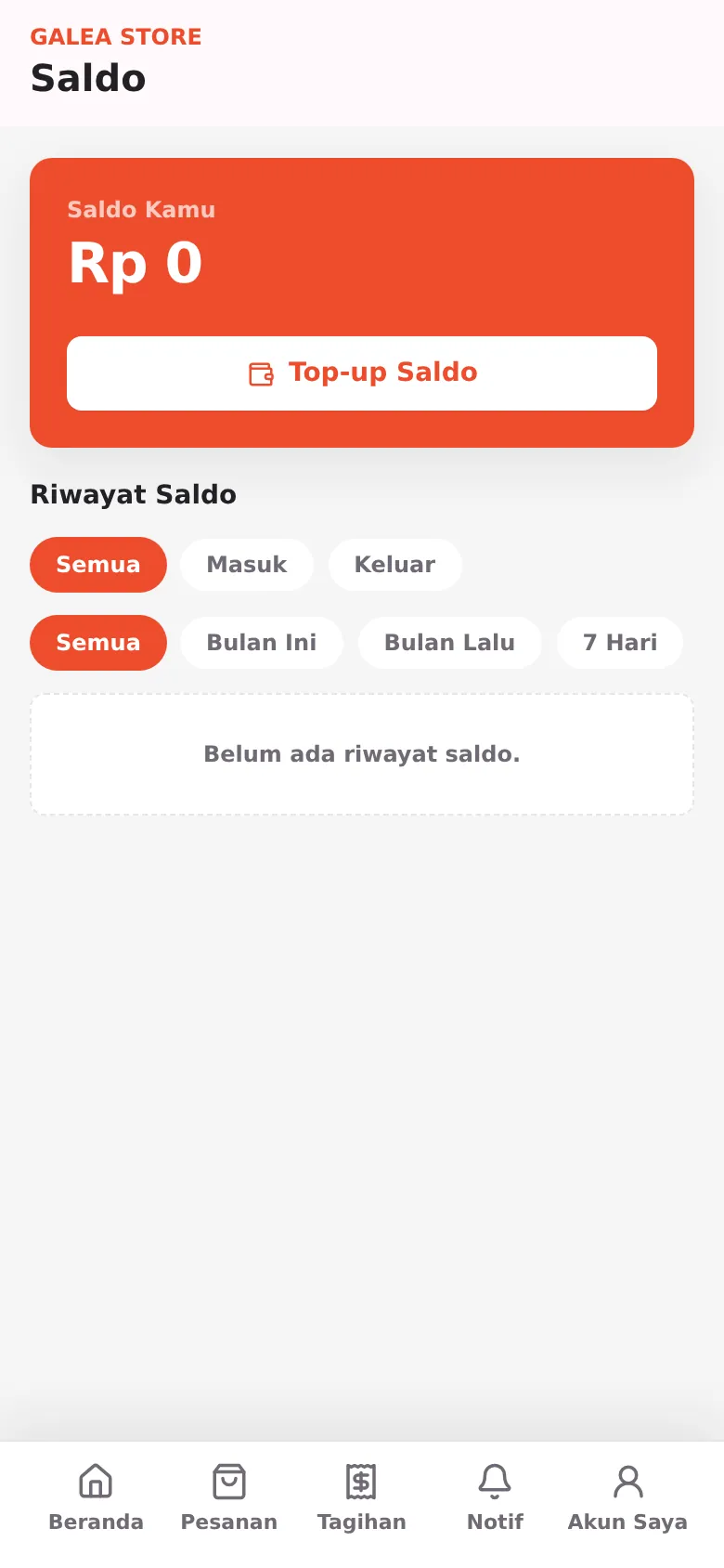 Halaman Saldo: saldo saat ini, tombol Top-up, dan riwayat ber-filter periode
