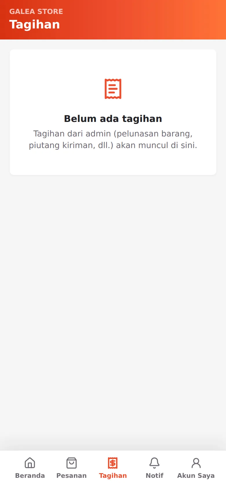Halaman Tagihan dengan sub-tab Belum Lunas / Sudah Lunas / Ditolak dan filter periode