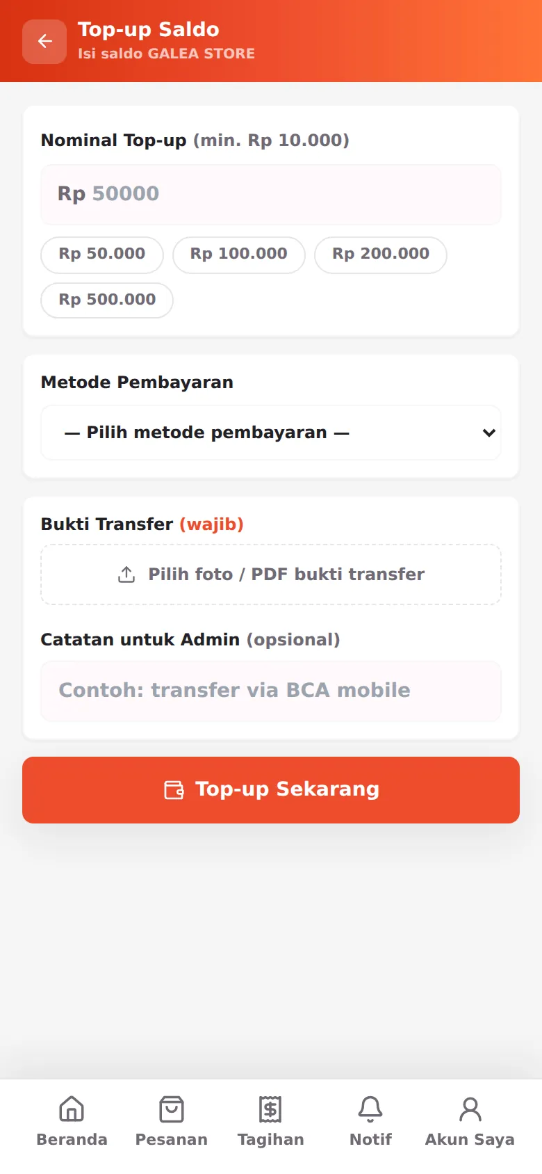 Formulir Top-up: nominal, metode pembayaran, dan upload bukti transfer